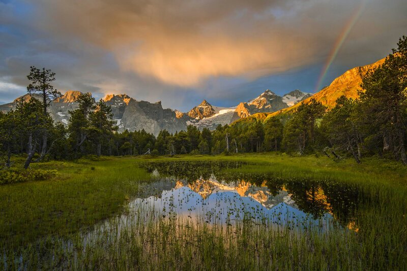 Mountain Lake Reflection — Green, Dramatic, Sunset, Photograph, Mountains, Rainbow
