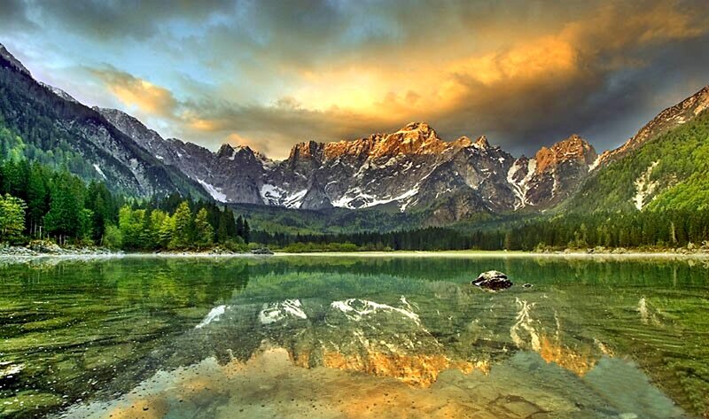 Mountain Lake Reflection — Green, Dramatic, Sunset, Photograph, Mountains