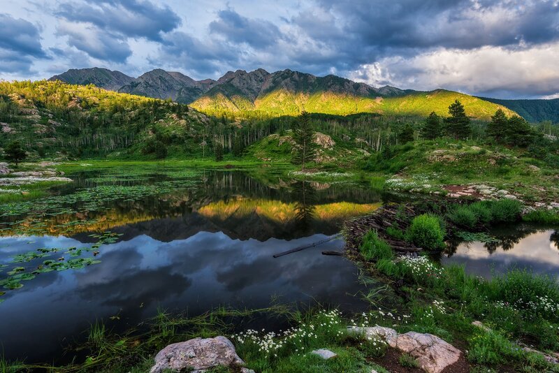 Mountain Lake Reflection — Green, Dramatic, Sunset, Photograph, Mountains, Trees