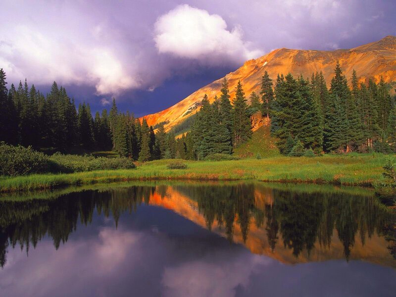 Mountain Lake Reflection — Green, Dramatic, Sunset, Photograph, Trees, Clouds