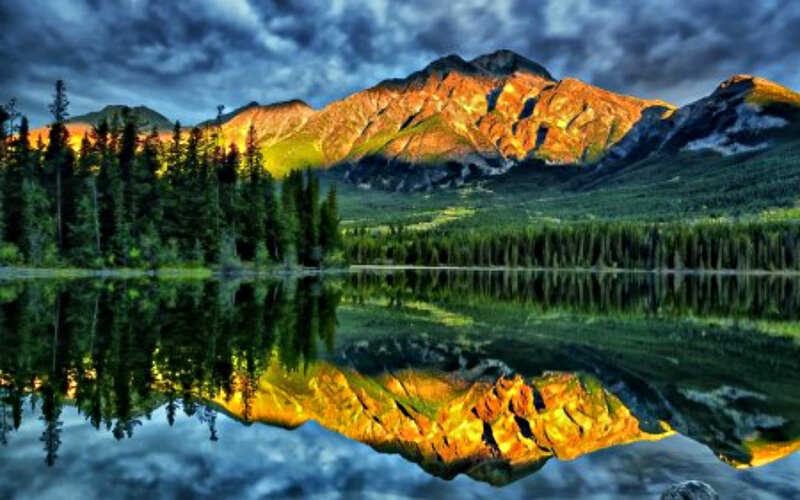 Mountain Lake Reflection — Green, Dramatic, Sunset, Photograph, Trees