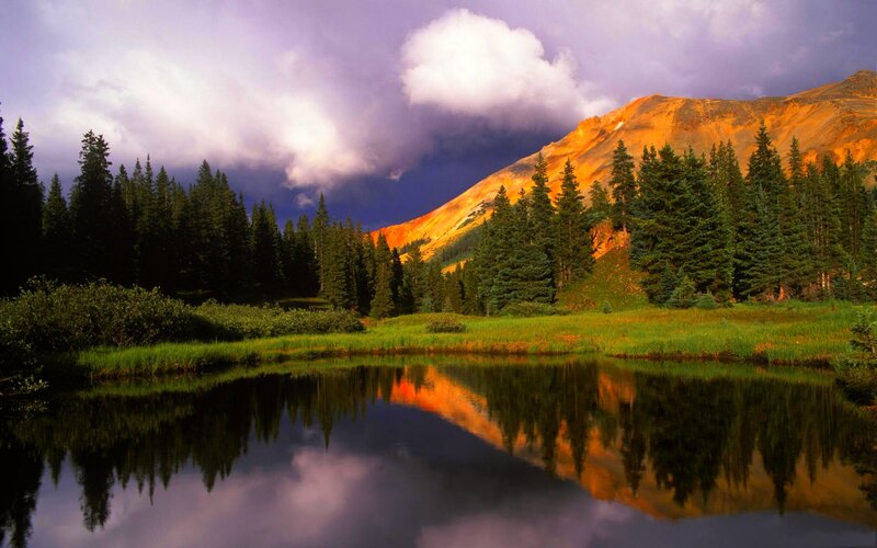 Mountain Lake Reflection — Green, Dramatic, Sunset