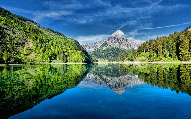 Mountain Lake Reflection — Green, Gray