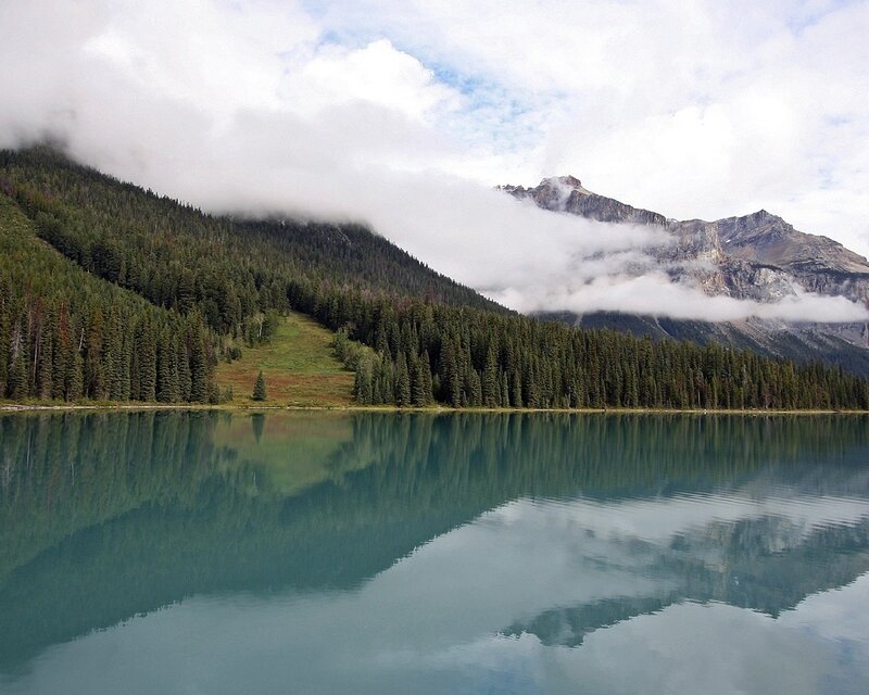 Mountain Lake Reflection — Green, Serene, Afternoon, Photograph, Forest, Clouds, Mountains