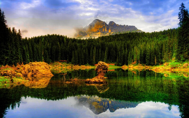 Mountain Lake Reflection — Green, Serene, Afternoon, Photograph, Forest
