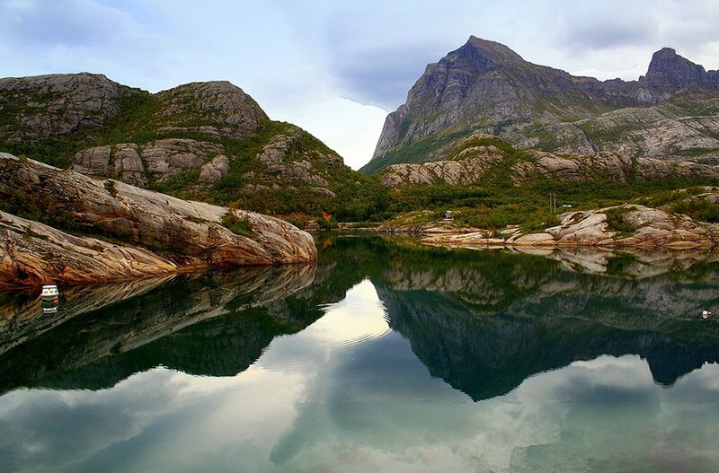Mountain Lake Reflection — Green, Serene, Afternoon, Photograph, Mountains, Boat