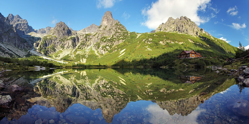 Mountain Lake Reflection — Green, Serene, Afternoon, Photograph, Mountains, Cabin