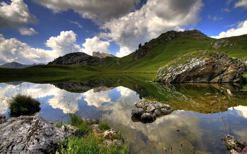 Mountain Lake Reflection — Green, Serene, Afternoon, Photograph, Mountains, Clouds, Rocks