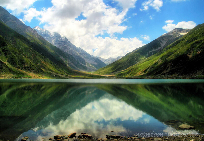 Mountain Lake Reflection — Green, Serene, Afternoon, Photograph, Mountains, Clouds