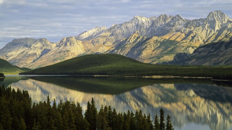 Mountain Lake Reflection — Green, Serene, Afternoon, Photograph, Mountains, Forest, Blue