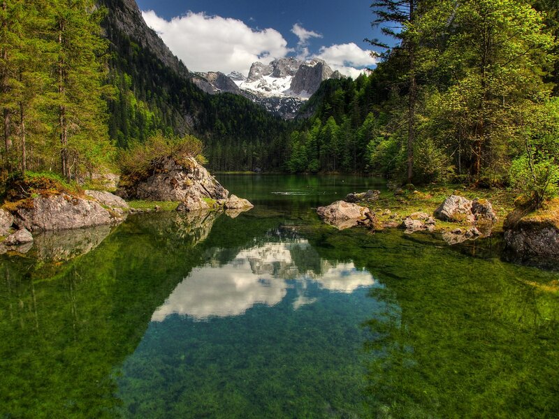 Mountain Lake Reflection — Green, Serene, Afternoon, Photograph, Mountains, Forest, Clouds, Blue, White