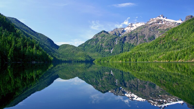 Mountain Lake Reflection — Green, Serene, Afternoon, Photograph, Mountains, Forest, Snow