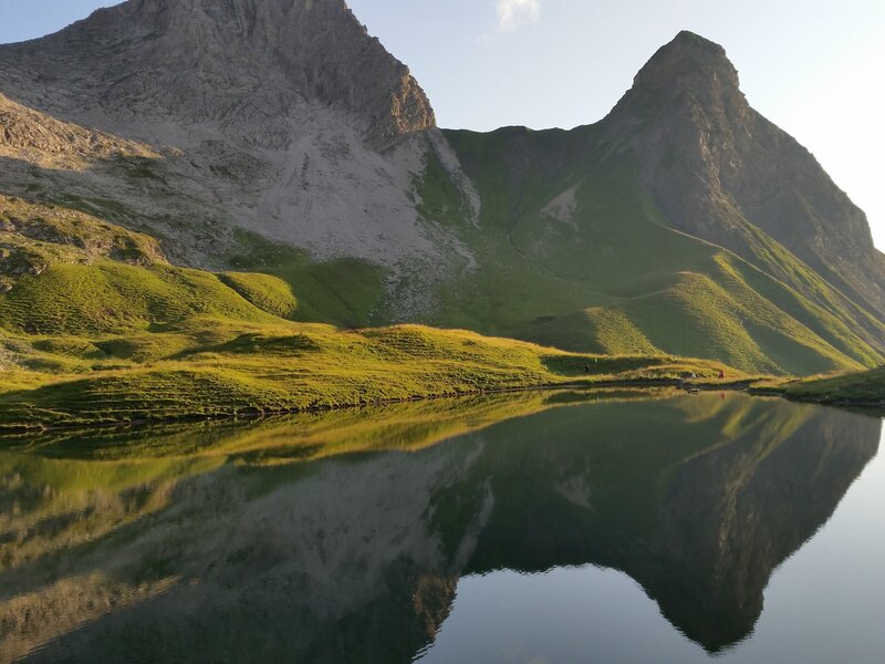 Mountain Lake Reflection — Green, Serene, Afternoon, Photograph, Mountains, Grass, Blue