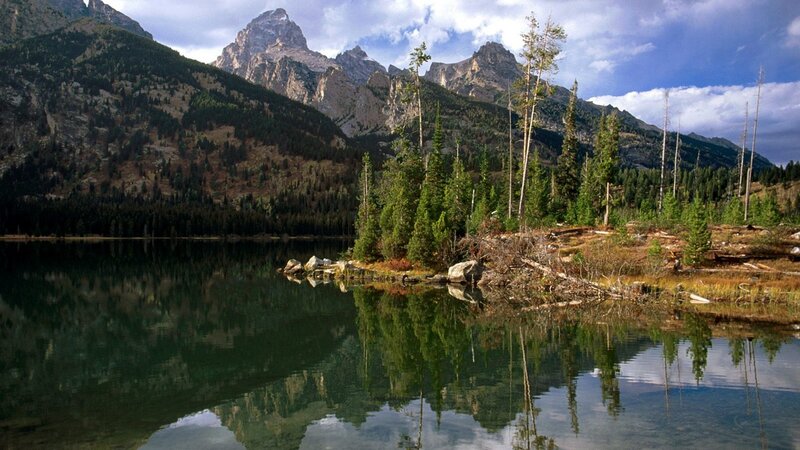 Mountain Lake Reflection — Green, Serene, Afternoon, Photograph, Mountains, Trees, Blue, Brown