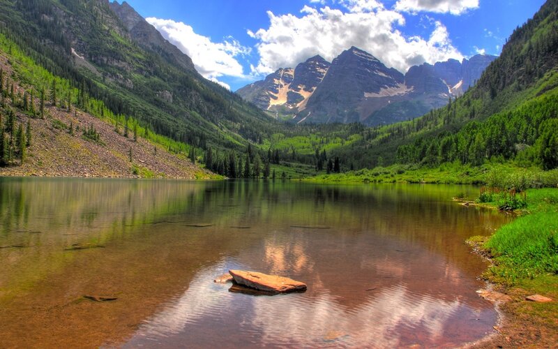 Mountain Lake Reflection — Green, Serene, Afternoon, Photograph, Mountains, Trees, Clouds, Blue, Brown