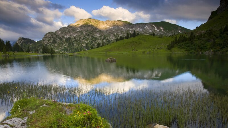 Mountain Lake Reflection — Green, Serene, Afternoon, Photograph, Mountains, Trees, Clouds, Blue, White