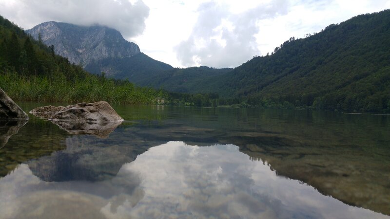 Mountain Lake Reflection — Green, Serene, Afternoon, Photograph, Mountains, Trees, Clouds, Rock