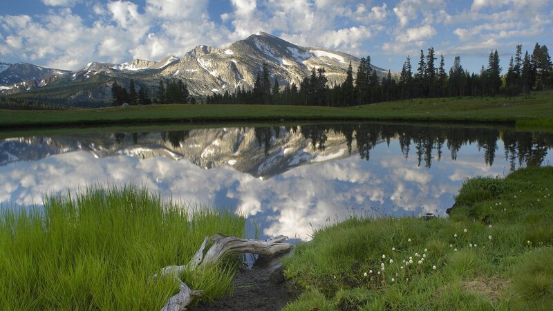 Mountain Lake Reflection — Green, Serene, Afternoon, Photograph, Mountains, Trees, Grass, Blue