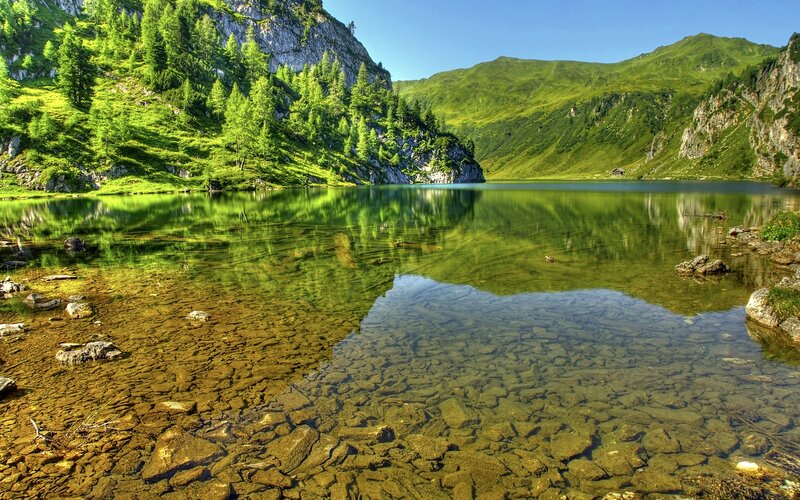 Mountain Lake Reflection — Green, Serene, Afternoon, Photograph, Mountains, Trees, Rocks