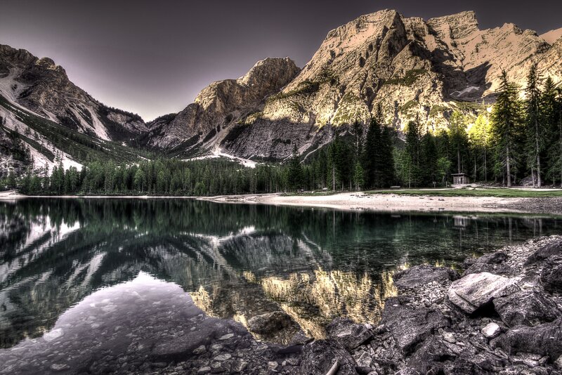 Mountain Lake Reflection — Green, Serene, Afternoon, Photograph, Mountains, Trees, Shore