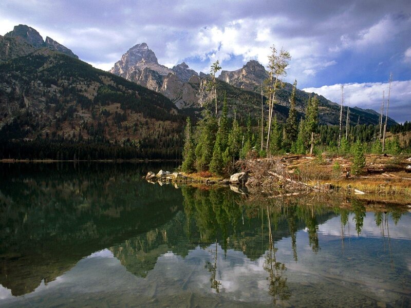 Mountain Lake Reflection — Green, Serene, Afternoon, Photograph, Mountains, Trees, Sky, Blue, Gray