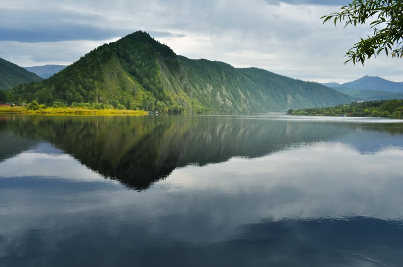 Mountain Lake Reflection — Green, Serene, Afternoon, Photograph, Mountains, Trees, Sky, Branch