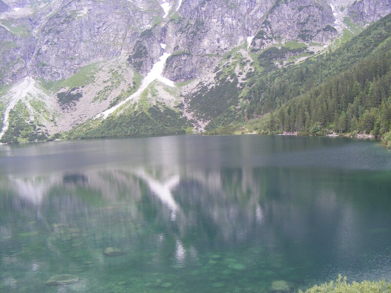 Mountain Lake Reflection — Green, Serene, Afternoon, Photograph, Mountains, Trees, Snow, Blue