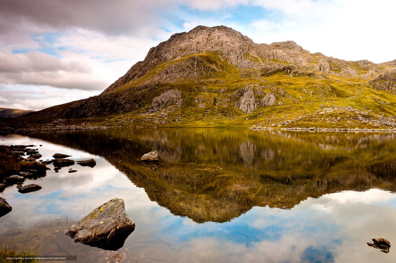 Mountain Lake Reflection — Green, Serene, Afternoon, Photograph, Rocks, Clouds