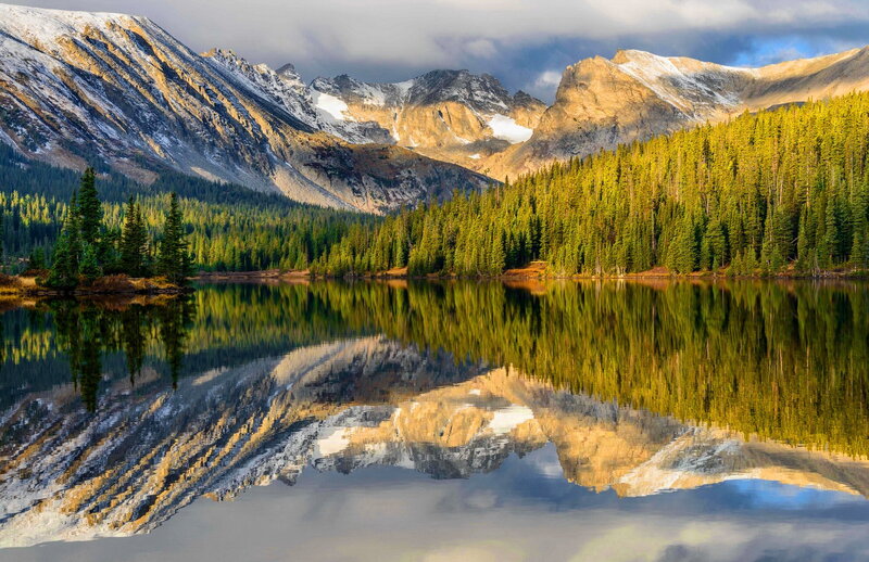 Mountain Lake Reflection — Green, Serene, Afternoon, Photograph, Snow-capped Mountains, Forest