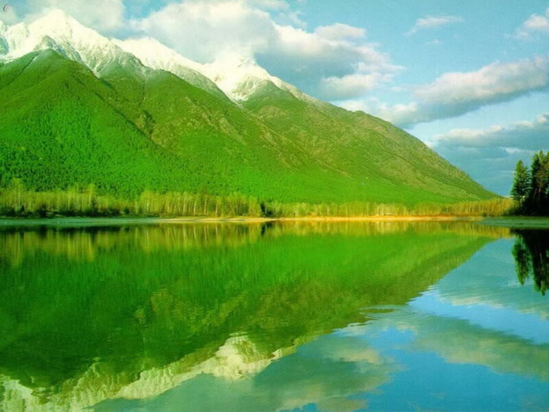 Mountain Lake Reflection — Green, Serene, Afternoon, Photograph, Snow-capped Mountains