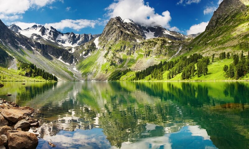 Mountain Lake Reflection — Green, Serene, Afternoon, Photograph