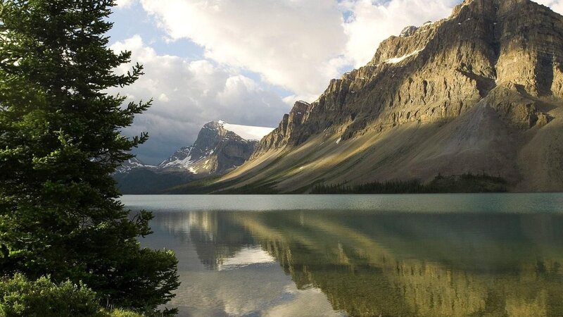 Mountain Lake Reflection — Green, Serene, Afternoon, Photograph, Tree, Mountains, Clouds