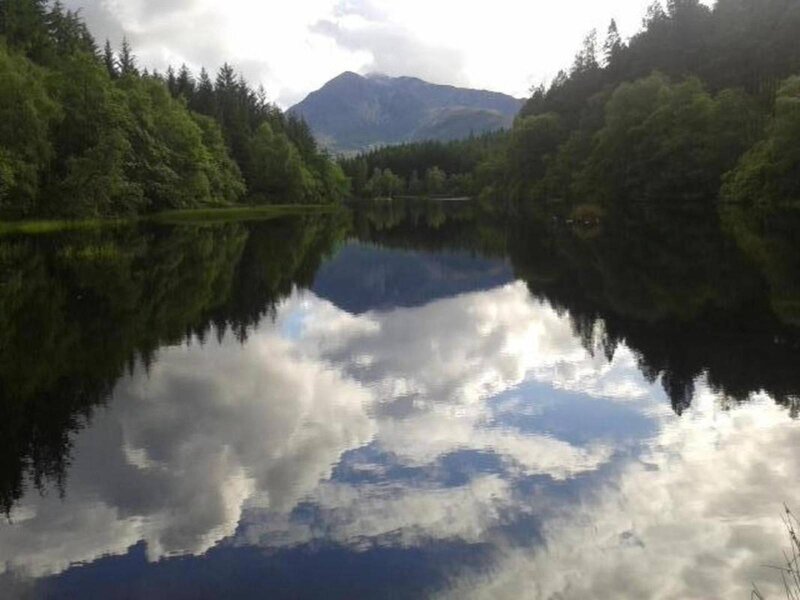 Mountain Lake Reflection — Green, Serene, Afternoon, Photograph, Trees, Clouds