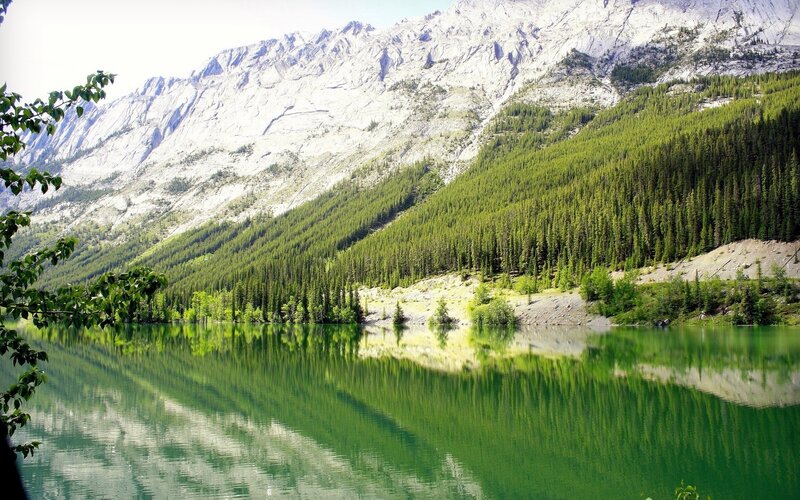 Mountain Lake Reflection — Green, Serene, Afternoon, Photograph, Trees, Mountains, Blue