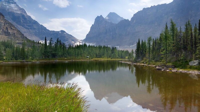 Mountain Lake Reflection — Green, Serene, Afternoon, Photograph, Trees, Mountains, Forest, Blue, Brown