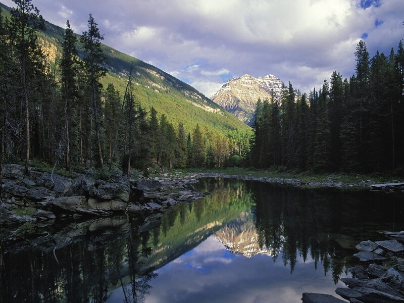 Mountain Lake Reflection — Green, Serene, Afternoon, Photograph, Trees, Mountains, River, Blue, Gray