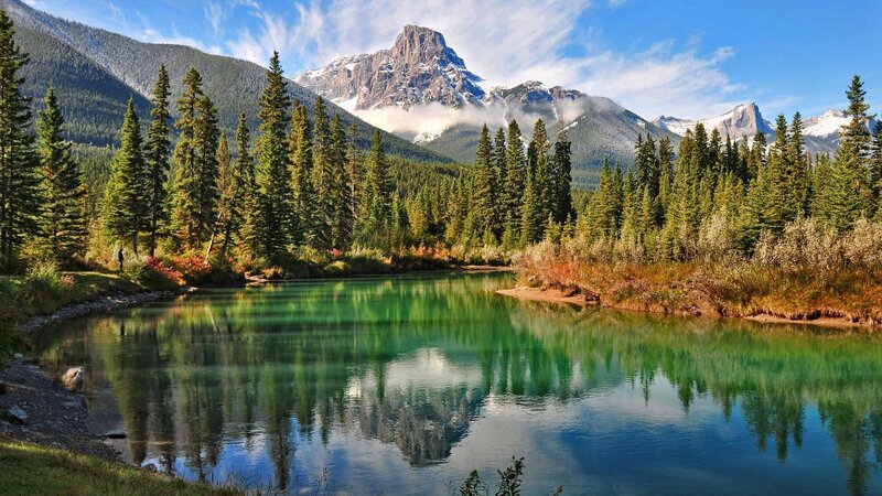 Mountain Lake Reflection — Green, Serene, Afternoon, Photograph, Trees, Mountains, River, Blue, White