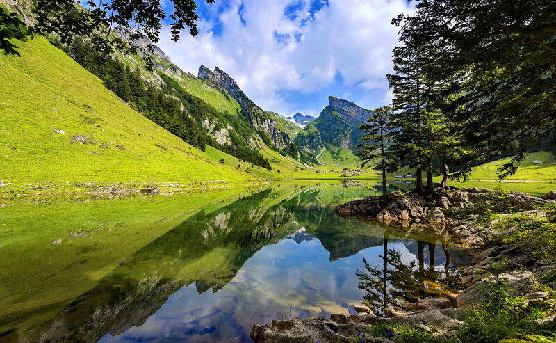 Mountain Lake Reflection — Green, Serene, Afternoon, Photograph, Trees, Mountains, Sky, Rocks