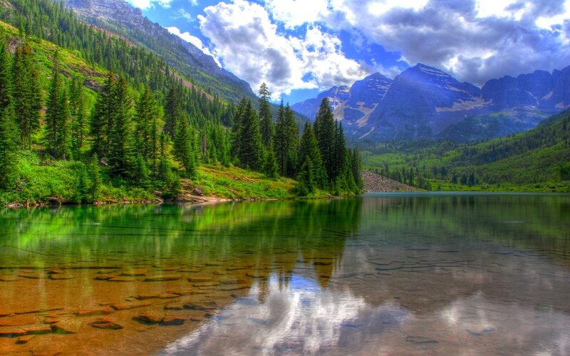 Mountain Lake Reflection — Green, Serene, Afternoon, Photograph, Trees, Mountains, Sky