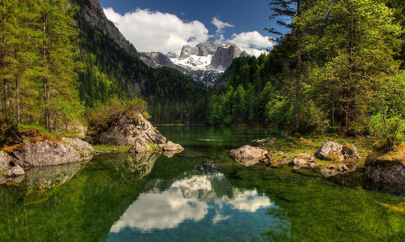 Mountain Lake Reflection — Green, Serene, Afternoon, Photograph, Trees, Mountains, Snow