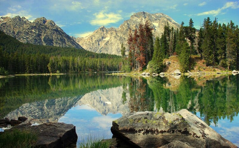 Mountain Lake Reflection — Green, Serene, Afternoon, Photograph, Trees, Rocks, Mountains