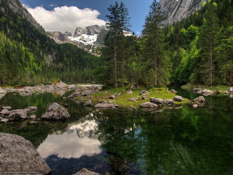 Mountain Lake Reflection — Green, Serene, Afternoon, Photograph, Trees, Rocks, Snow-capped Mountains