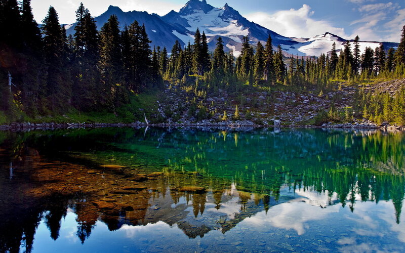 Mountain Lake Reflection — Green, Serene, Afternoon, Photograph, Trees, Snow-capped Mountain