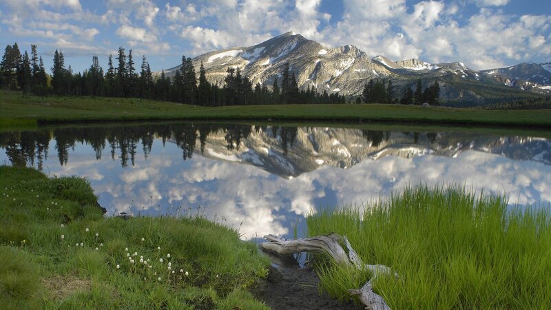 Mountain Lake Reflection — Green, Serene, Afternoon, Photograph, Trees, Snow-capped Mountains, Clouds