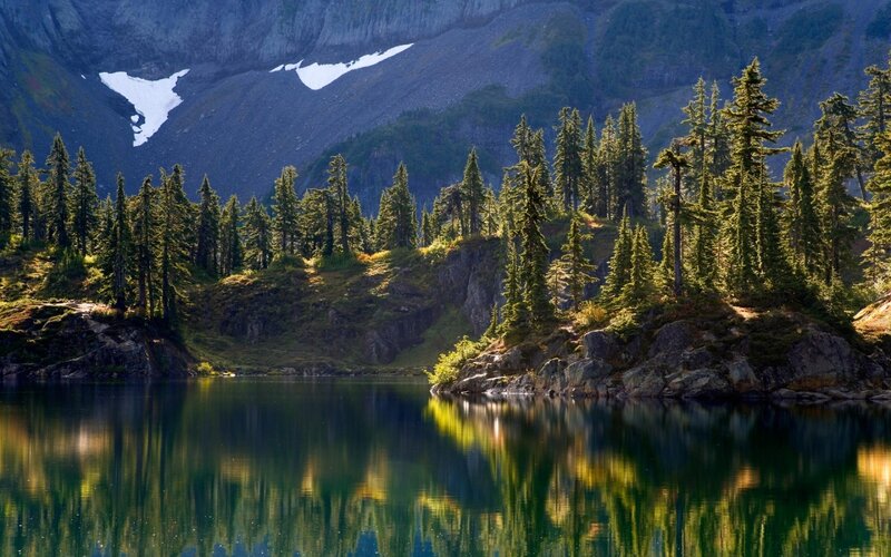 Mountain Lake Reflection — Green, Serene, Afternoon, Photograph, Trees, Snow, Mountains, Blue