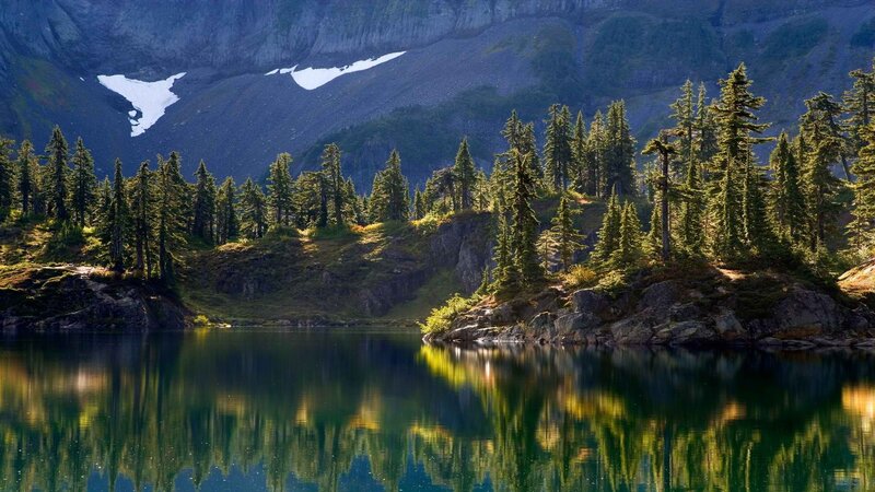 Mountain Lake Reflection — Green, Serene, Afternoon, Photograph, Trees, Snow, Mountains
