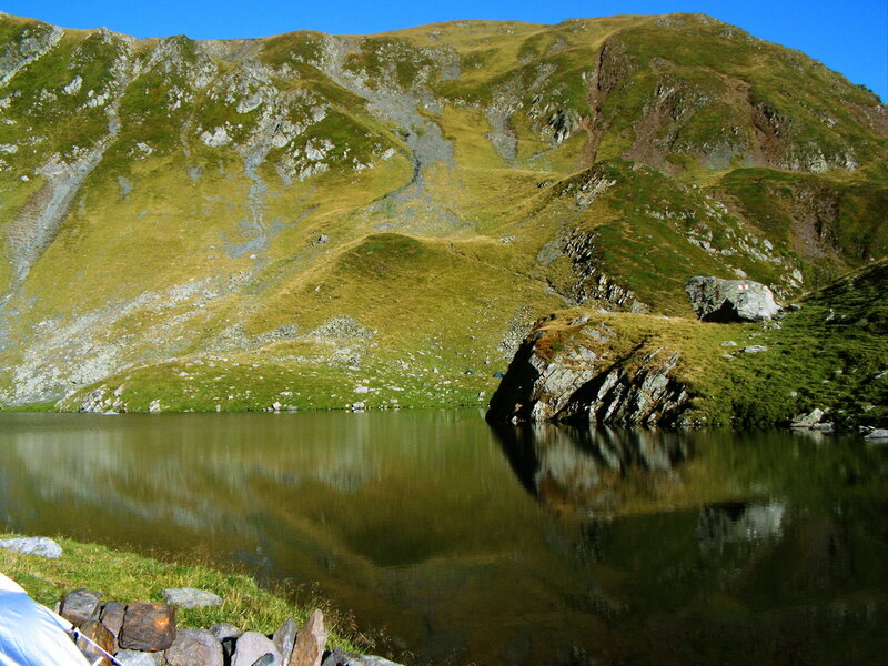 Mountain Lake Reflection — Green, Serene, Afternoon