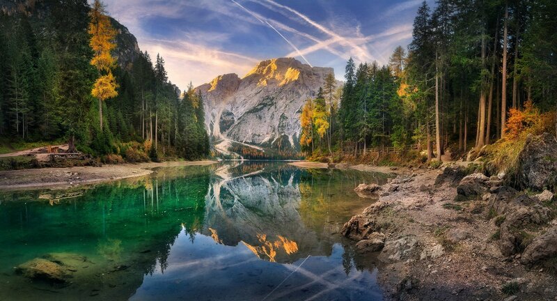 Mountain Lake Reflection — Green, Serene, Autumn, Photograph, Forest, Trees