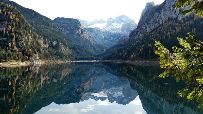 Mountain Lake Reflection — Green, Serene, Autumn, Photograph, Mountains, Forest, Trees, Snow