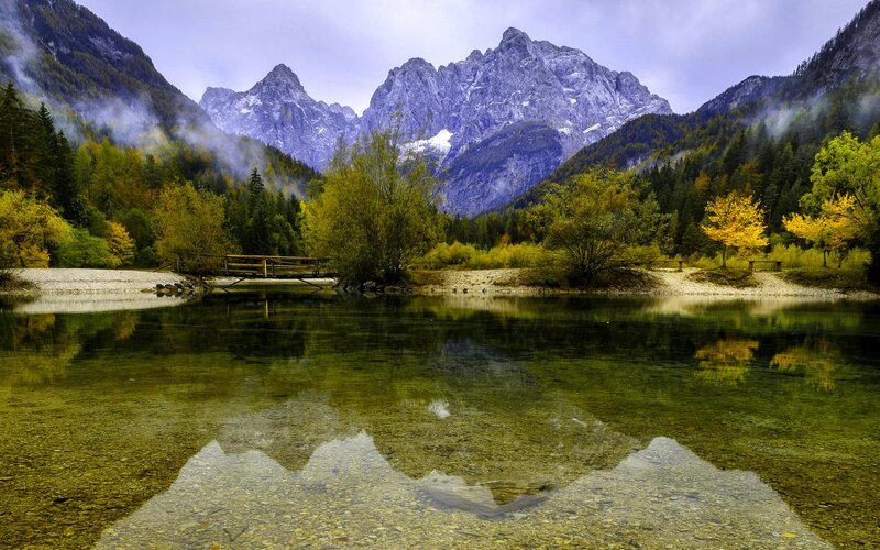 Mountain Lake Reflection — Green, Serene, Autumn, Photograph